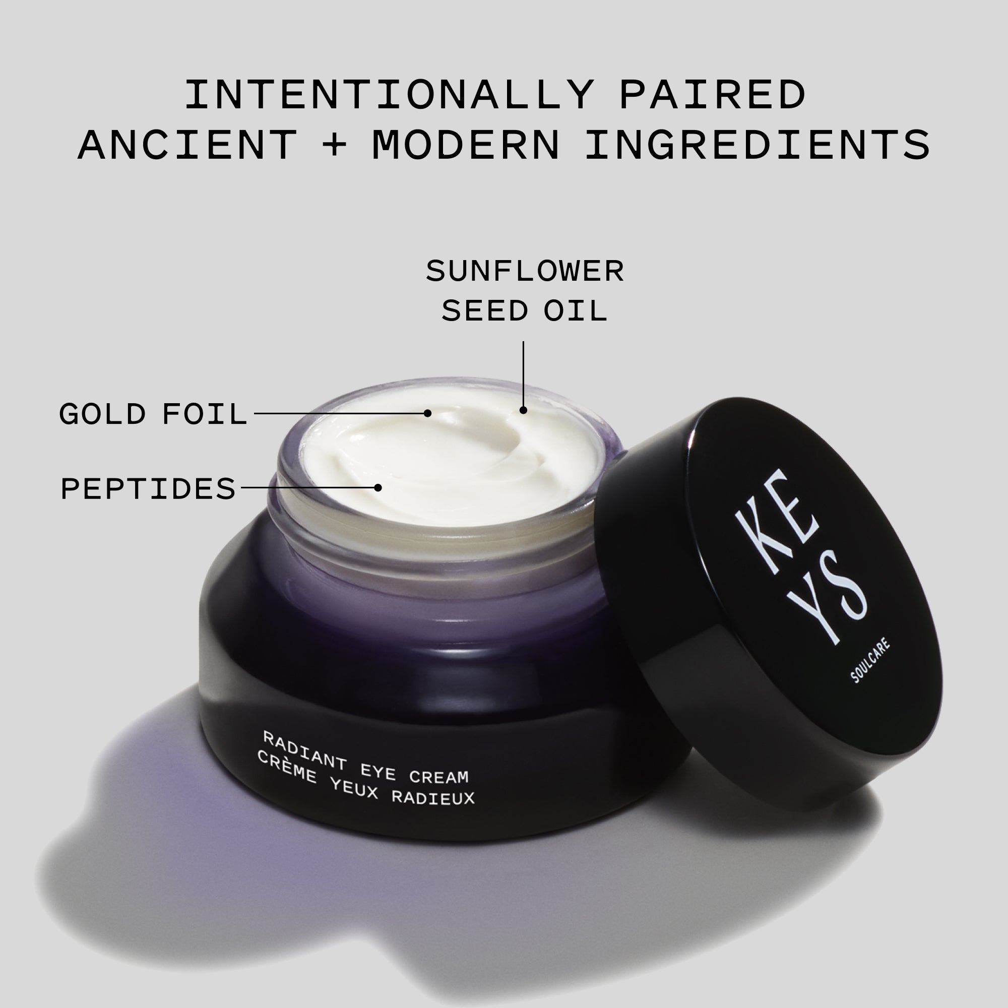Radiant eye cream jar with labeled ingredients including peptides, sunflower seed oil, gold foil
