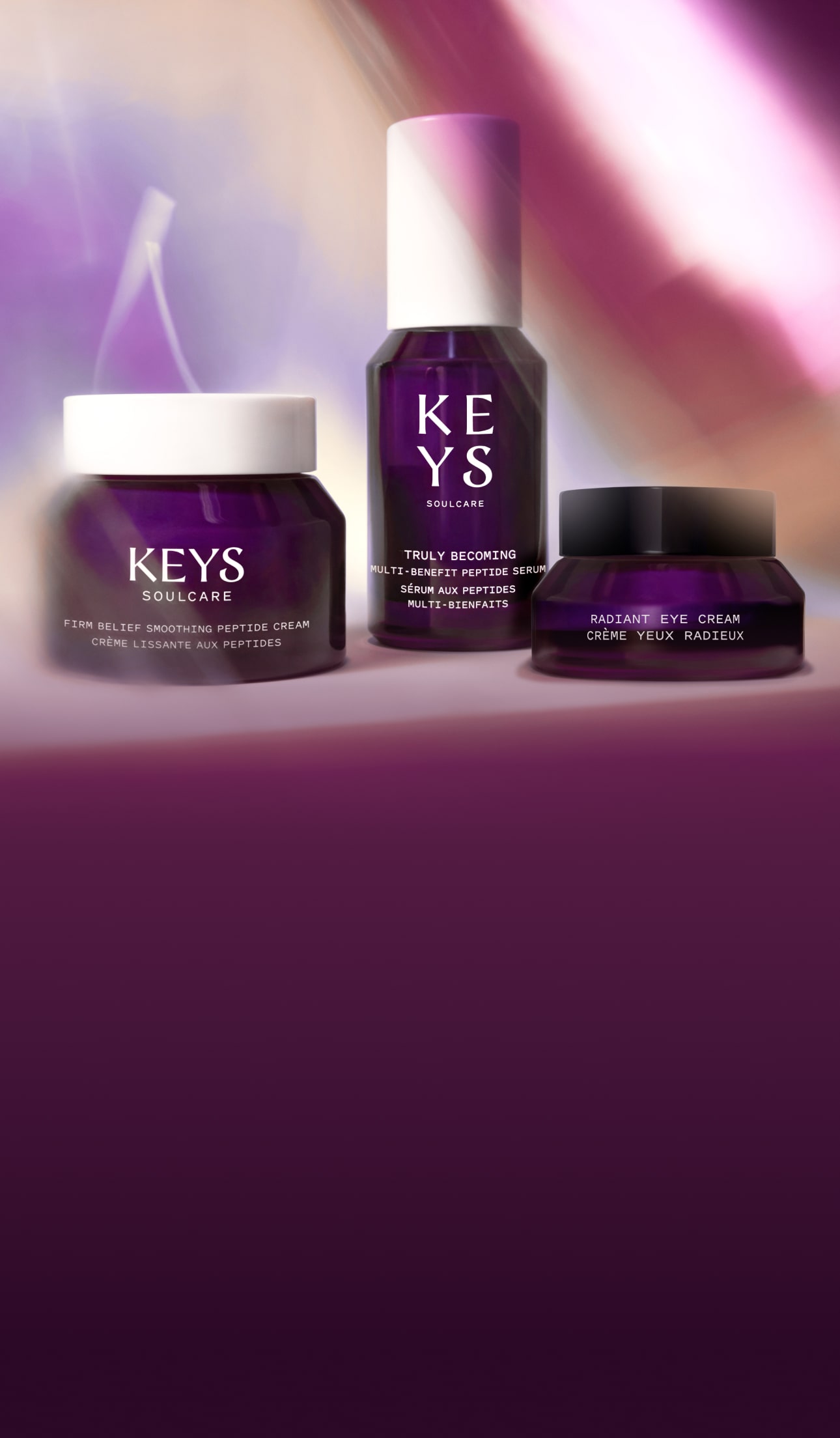 Banner showcasing three KEYS Soulcare peptide-infused skincare products: a moisturizer, a booster serum, and an eye cream. Text reads 'Power of Peptides - Discover three peptide-infused offerings that provide hydration and plumping.